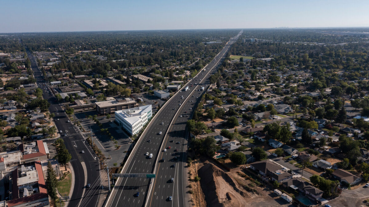 Late afternoon aerial view of the urban downtown core of Roseville